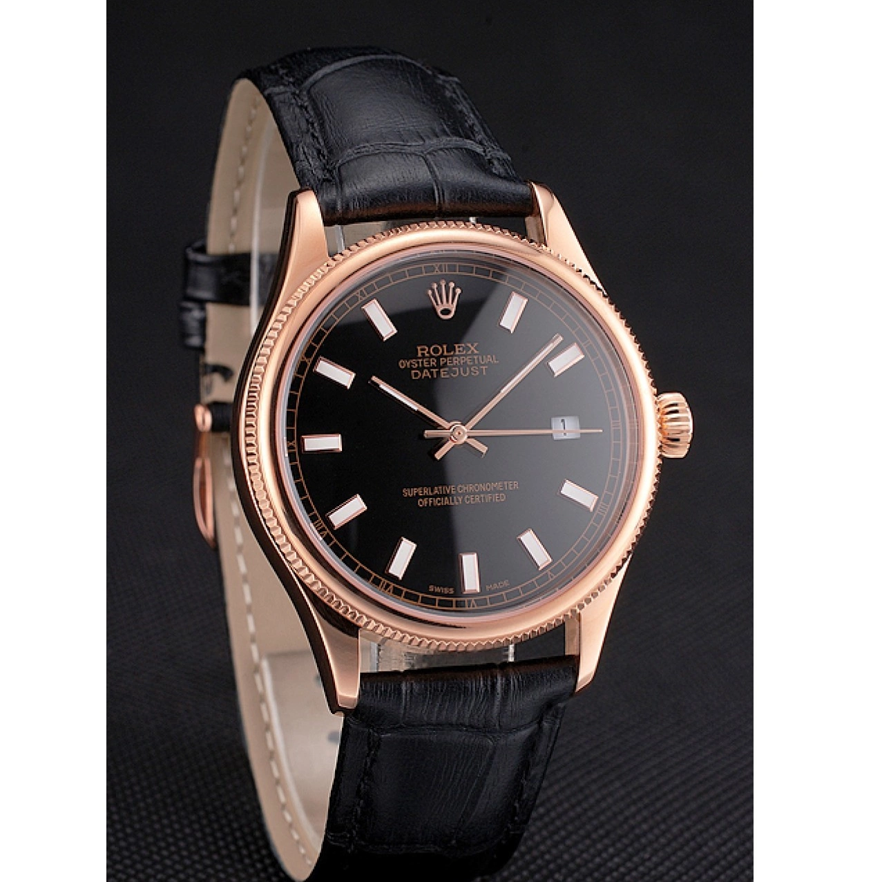 Best AAA Replica Sites Case Gold Rose Swiss Black Strap Black Rolex Dial Datejust Leather 0629